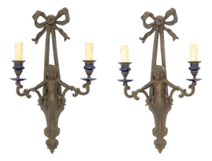 Patinated Brass Cherub Candlestick Sconces, Pair