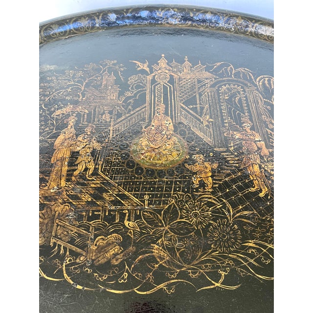 Imported from England. Late 1800s papier-mache chinoiserie gold gilt painted tray. Asian design with elaborate courtyard...