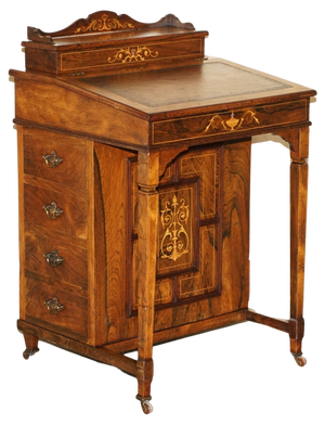 Victorian Hardwood Marquetry Inlaid & Brown Leather Davenport Desk