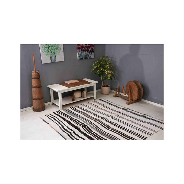 Mid-Century Modern Black White Vintage Hemp Kilim Rug - 6`6″ X 6`1″ For Sale - Image 3 of 6