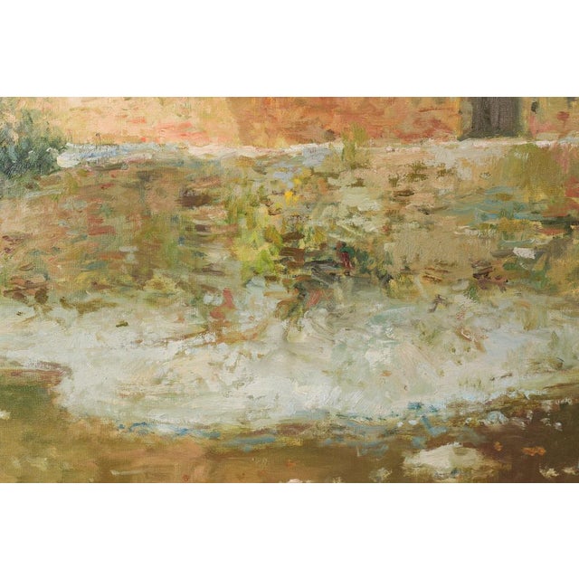 Textile Palau Junca, Impressionist Painting with River and Chalets, Oil on Canvas, Framed For Sale - Image 7 of 16