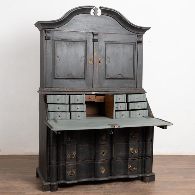 Rococo 18th Century Danish Oak Secretary Bureau, Painted Black For Sale - Image 3 of 14