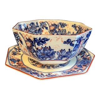 Late 1800's Wedgwood Blue & White Large Octagonal Bowl & Under Plate For Sale