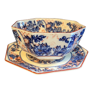 Late 1800's Wedgwood Blue & White Large Octagonal Bowl & Under Plate