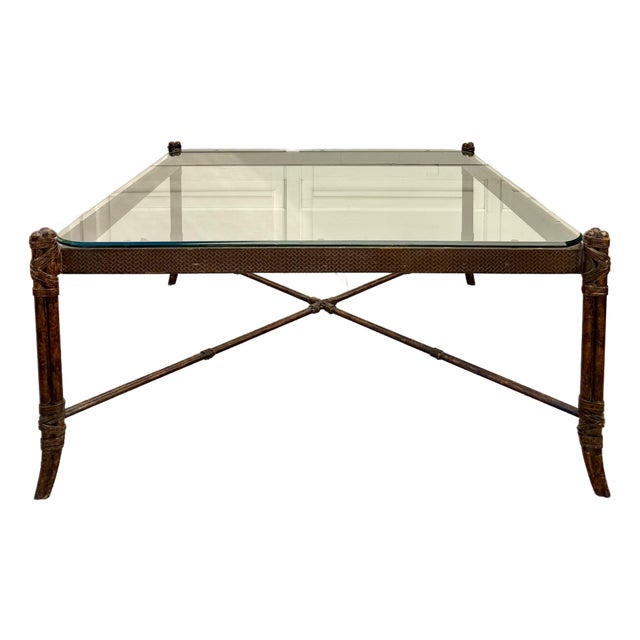 Faux Bamboo Metal Leather Coffee Table For Sale