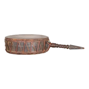 Nepalese Antique Leather Hand Drum with Carved Wooden Handle