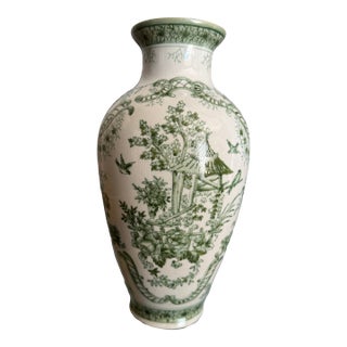 Green Transfer-Ware Garden Motif Vase For Sale