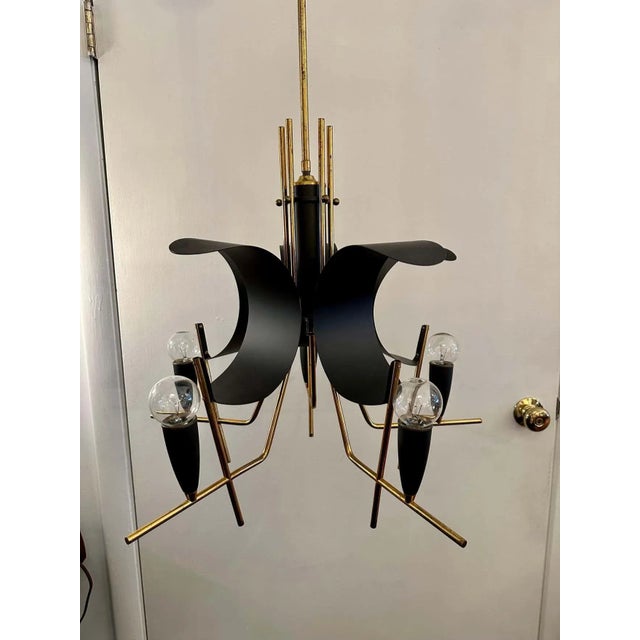 Mid-Century Modern Vintage Italian 5-Light Black Metal & Brass Chandelier For Sale - Image 3 of 13
