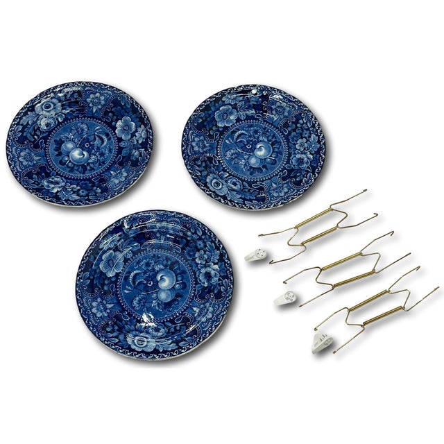 Blue Stunning & Rare Antique Original Set of 3 Dark Flow Blue English Staffordshire 10 Inch Dinner Plates Circa 1830s For Sale - Image 8 of 18