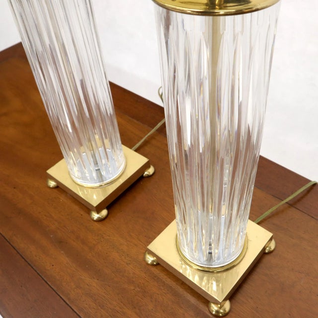 Pair of Fine Cut Glass Crystal Cylinder Shape Table Lamps on Brass Bases For Sale - Image 9 of 11