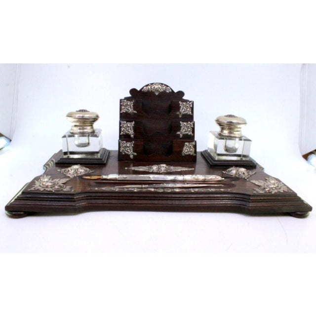 Rosewood and Glass Inkwell with Silver Applications, Pens, Business Card Holder and Feet For Sale - Image 6 of 8