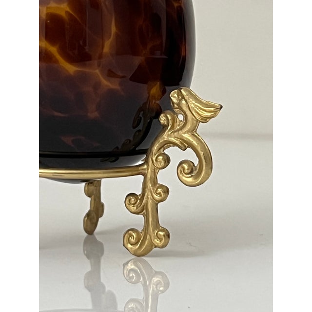 Metal Vintage Decorative Amber Tortoiseshell Glass Egg on Gilt Metal Stand For Sale - Image 7 of 10