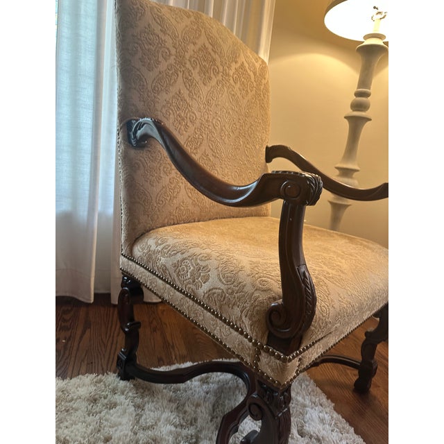 Wood Pair of Sherrill Carved Wood Damask Armchairs With Nailhead Trim Pair of Sherrill Carved Wood Damask Armchairs With Nailhead Trim For Sale - Image 7 of 17