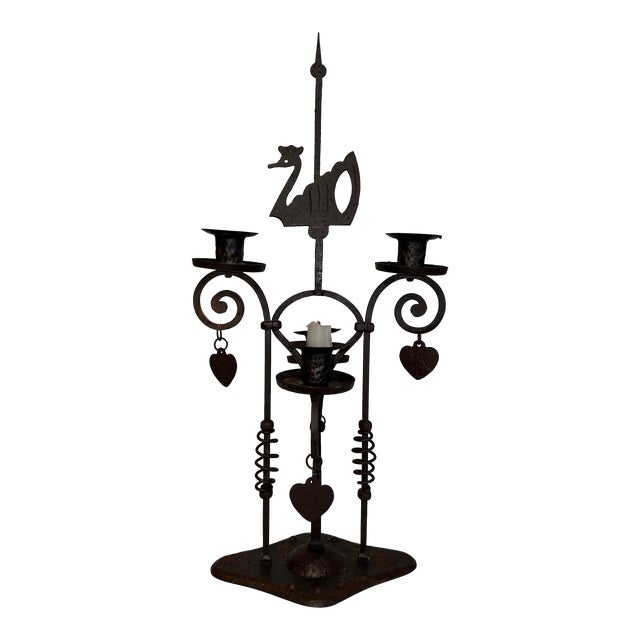 1950s Two Lights Wrought Iron Candlestick Representing a Swan For Sale