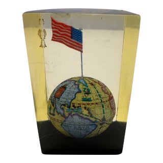 1960s Mid-Century Lucite Globe 2” H Paperweight With American Flag For Sale