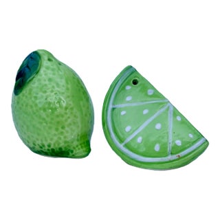Citrus Chic Trompe-l'Oeil Ceramic Sliced Lime Salt and Pepper Shakers - A Pair For Sale
