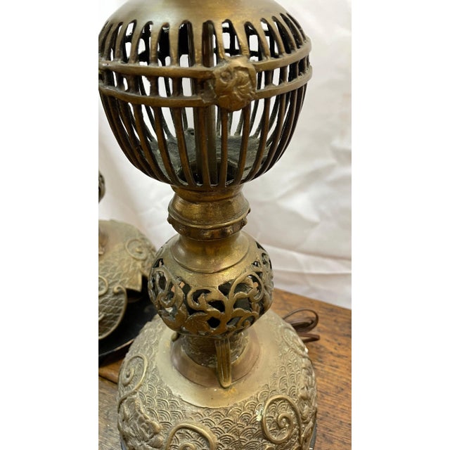 Late 19th Century Pair of Asian Brass Reticulated Lotus Table Lamps For Sale - Image 5 of 5
