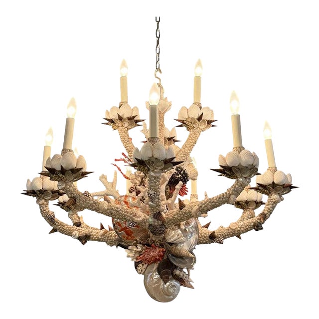 1990s Coastal Grand French Hand-Crafted Grotto Nautical Multi-Stem Coral Shell Chandelier For Sale