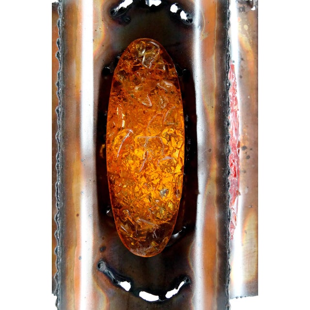 Suspension Light in Patinated Copper and Multicolored Fractal Resin Medallions attributed to Accolay, 1970 For Sale - Image 14 of 15