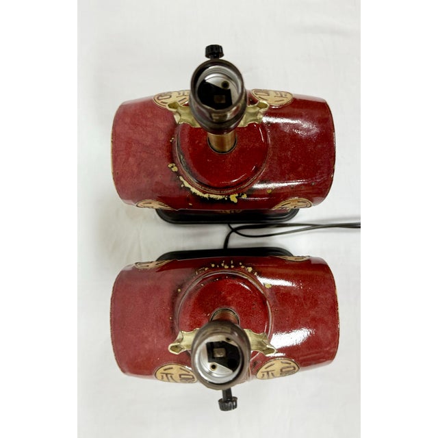 Red Stunning Vintage Chinoiserie Tang Suit Design Red Table Lamps - A Pair For Sale - Image 8 of 11