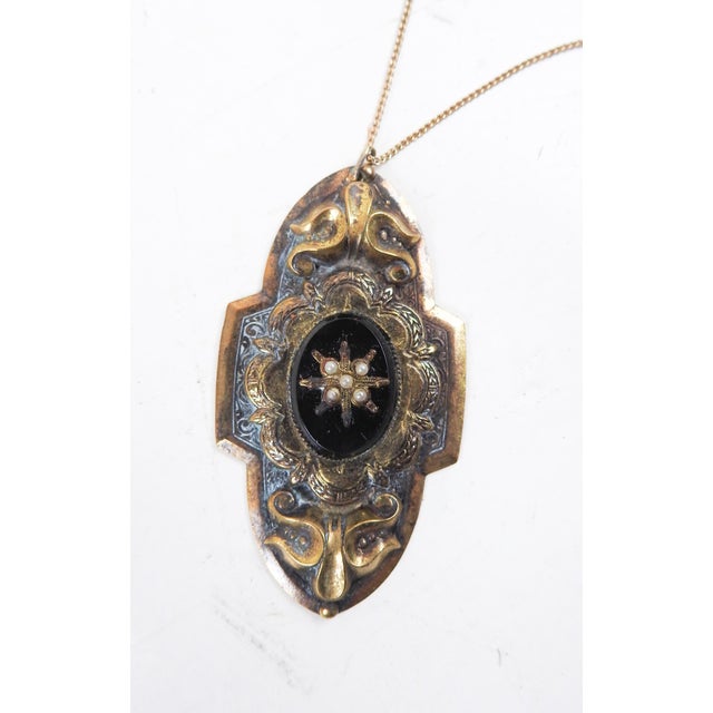 Art Nouveau Onyx Pearl and Gilt Brass Pendant Necklace For Sale - Image 4 of 5