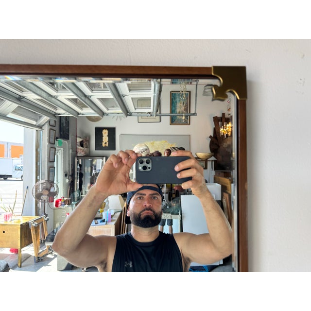 1970s 70's Vintage Asian Style Wood and Accent Brass Wall Mirror For Sale - Image 5 of 11