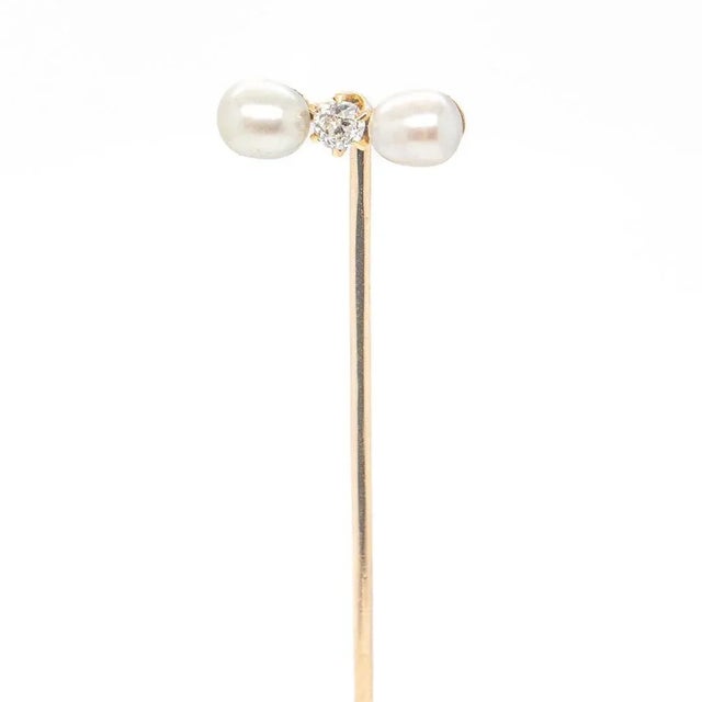 Gold Vintage Antique Edwardian Diamond, Pearl, and Gold Stickpin For Sale - Image 8 of 12
