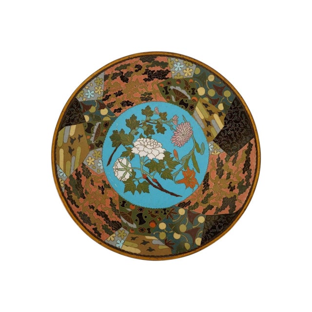 A decorative pair of Japanese Cloisonne enamel plates from the Meiji period (1868 to 1912), circa 1890. Each features a...