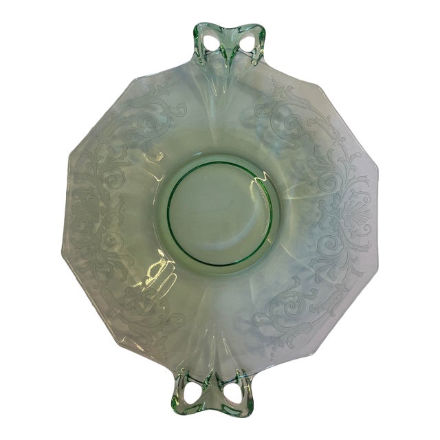 Vintage Etched Light Green Elegant Glass Double Handled Serving Plate, Circa 1930s For Sale