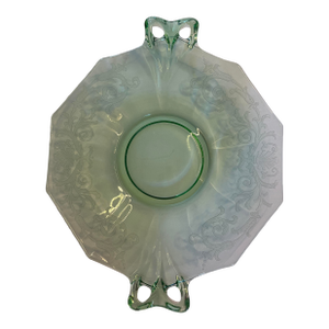 Vintage Etched Light Green Elegant Glass Double Handled Serving Plate, Circa 1930s