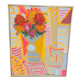 Contemporary Expressionist Style Floral Still Life Acrylic Painting by Mary Lide, Framed For Sale