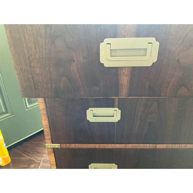 Brown Vintage Mid-Century Walnut Lane Altavista Campaign 3-Drawer Chest For Sale - Image 8 of 11