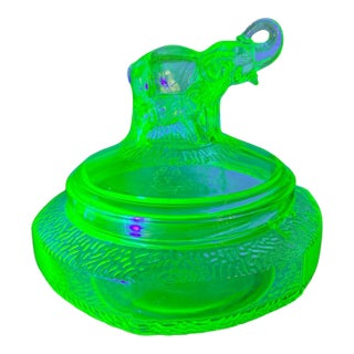 Vintage Uranium Vaseline Art Glass Covered Powder Jar Dish W Figural Elephants For Sale