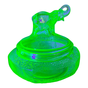Vintage Uranium Vaseline Art Glass Covered Powder Jar Dish W Figural Elephants
