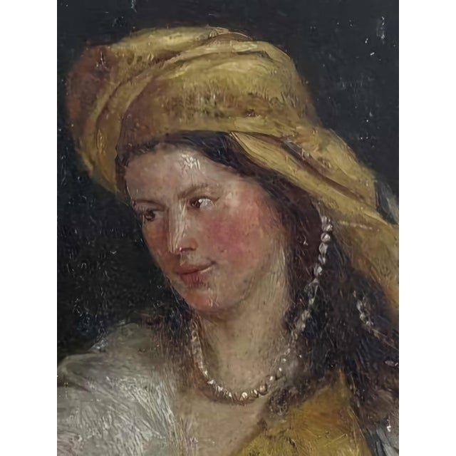 Baroque 18th Century Dutch School Miniature Portrait Oil on Panel – Tronie Inspired by Vermeer, Young Woman With Turban and Pearls. For Sale - Image 3 of 6