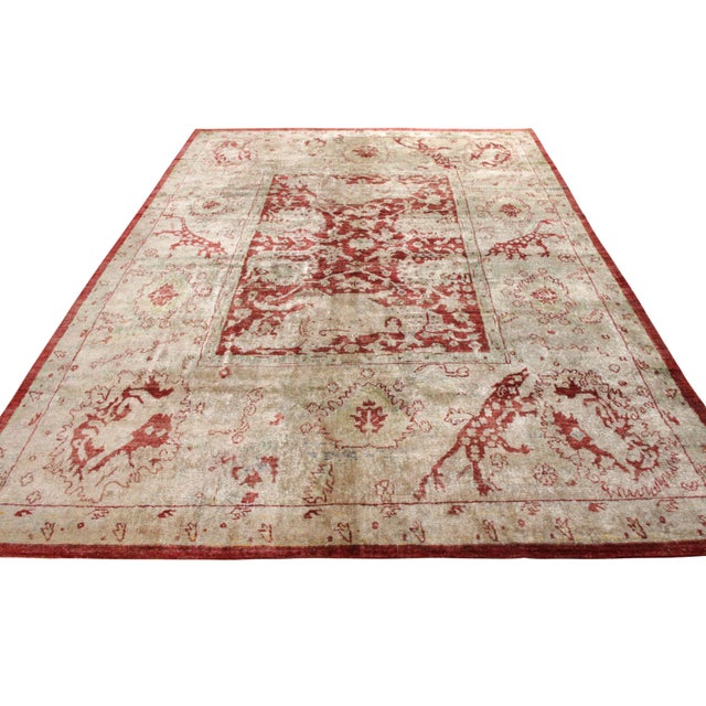 Originating from India, this new Agra silk rug depicts an uncommon modern homage to lesser-known Indian symbolism. Hand...
