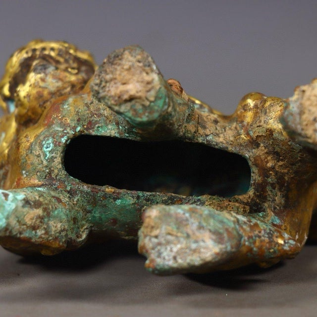 Antique Gilt Bronze Guardian Lion – 3.1" Foo Dog Statue With Verdigris Patina For Sale - Image 9 of 9