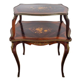 Antique French Louis XV Floral Inlay Rosewood & Bronze Double Tier Dessert Table For Sale