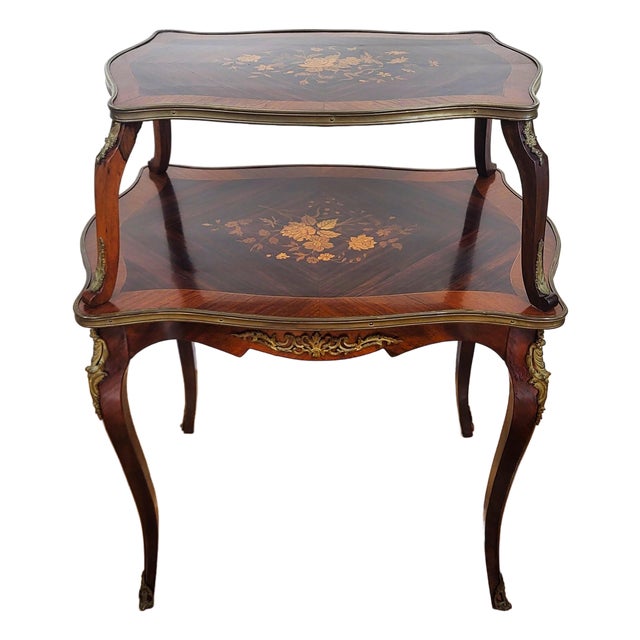 Antique French Louis XV Floral Inlay Rosewood & Bronze Double Tier Dessert Table For Sale