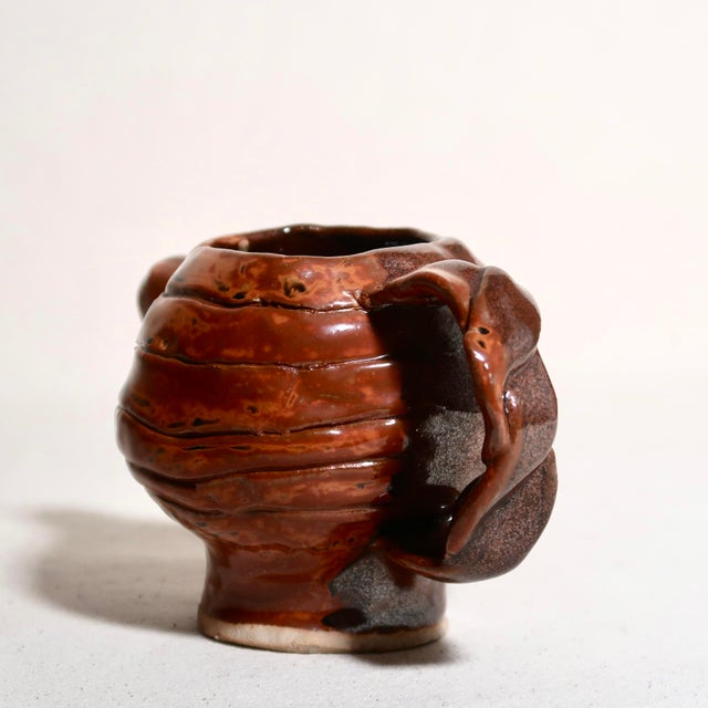 Vintage Brutalist Wabi Sabi Sculptural Studio Pottery Red and Black Glaze Ceramic Vessel For Sale - Image 14 of 17