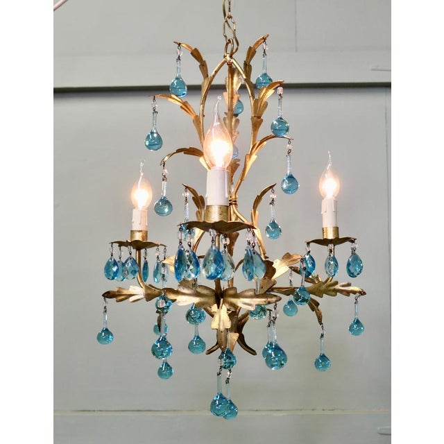 Vintage French Turquoise Crystal and Tolewear Chandelier, 1920 For Sale - Image 3 of 9