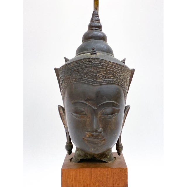 Bronze A 19th Century Southeast Asian Bronze Buddha Head Mounted as a Table Lamp For Sale - Image 8 of 12