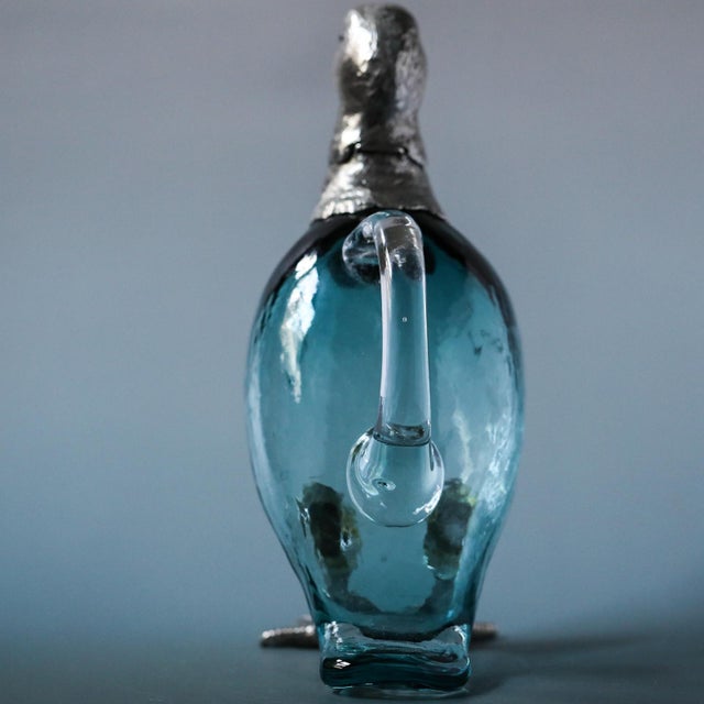 Mid 19th Century 19th Century French Zoomorphic Duck Ewer in Blue Handblown Glass and Mixed Metal For Sale - Image 5 of 17