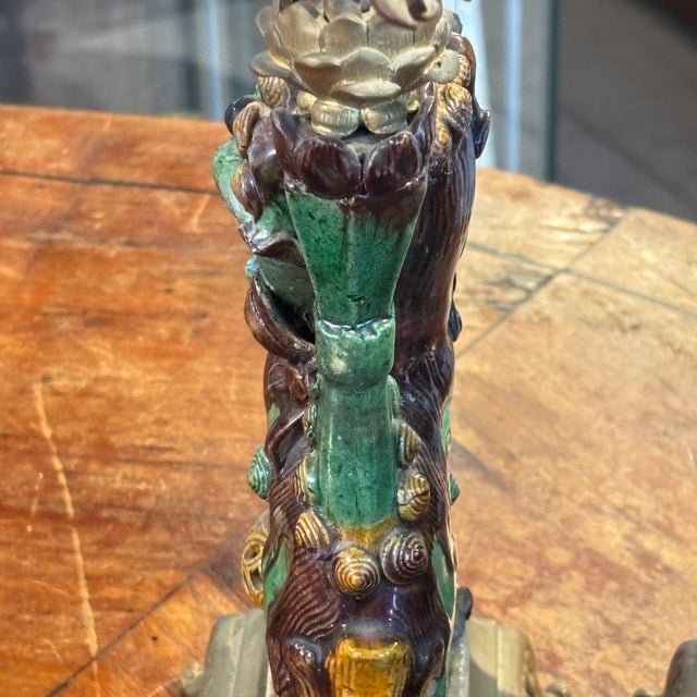 Antique Fo Dog Candleholders in Majolica and Bronze, 1800, Set of 2 For Sale - Image 15 of 15