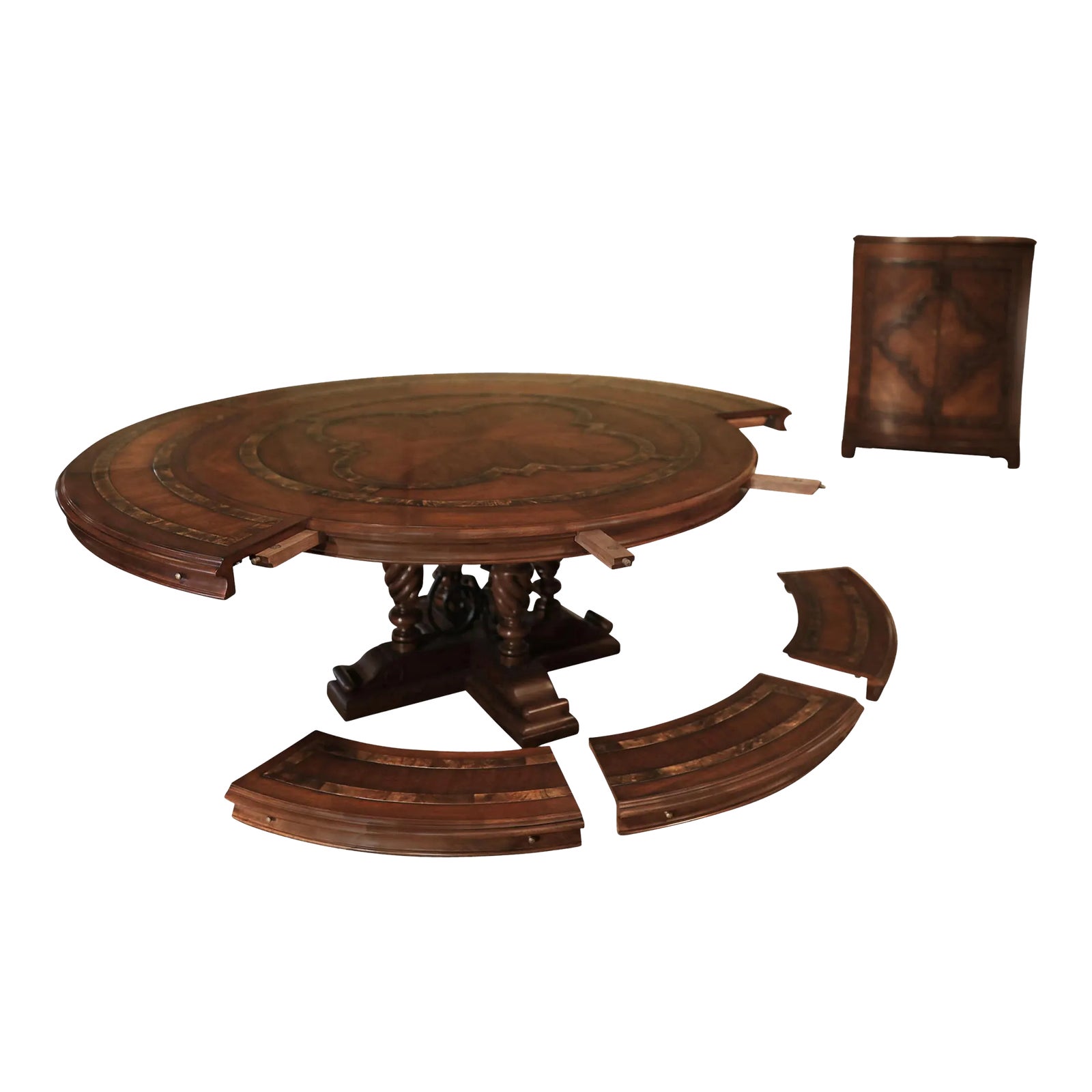 Large Round Walnut Dining Table, Expandable | Chairish