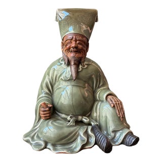Antique Edo Era Celadon Sanda Ware Figurine by Kinkodo Kisuke, 9", (Condition) For Sale