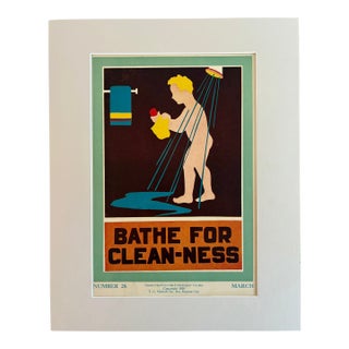 Vintage 1939 Character Culture Poster, "Bathe for Clean-Ness" in 16x20 Mat For Sale