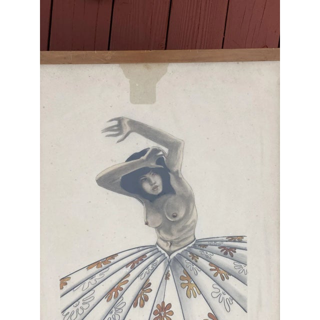 Post-WWII nude tropical color pencil drawing artwork Signed "Schultz" featuring a nude Hawaiian dancer in a skirt.