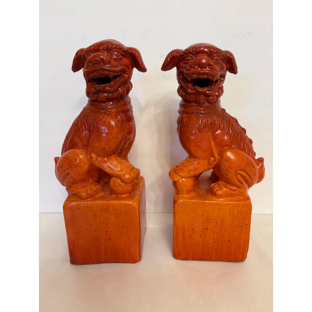 Mid 20th Century Vintage Mid-Century Terracotta 12.5-Inch Orange Foo Dogs - A Pair For Sale - Image 5 of 5