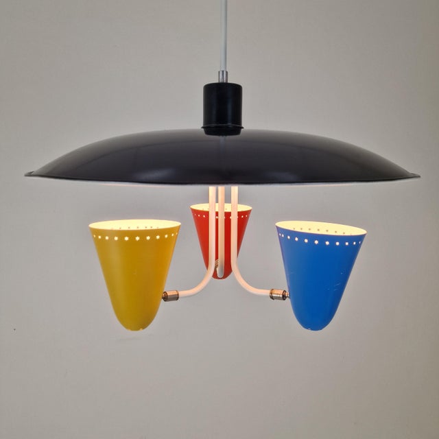 Mid-Century Modern Mid-Century Zonneserie Three-Light Pendant attributed to H. Busquet for Hala Zeist, 1950s For Sale - Image 3 of 16